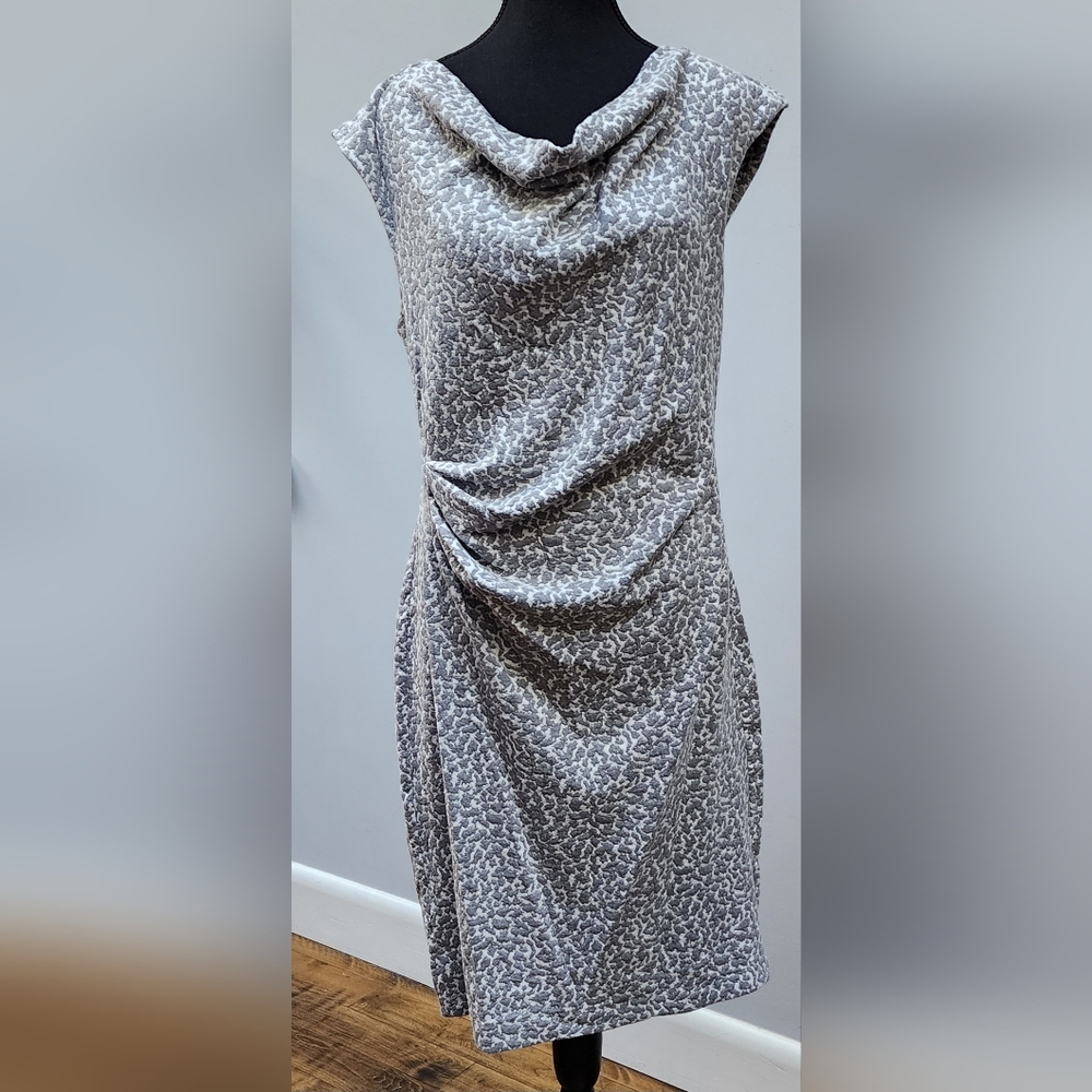 Ann Taylor  Draped Neck Ruched Sheath Dress  Size L Gray and White